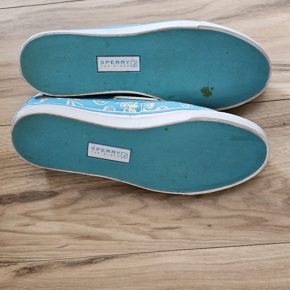 Sperry Top-Slider Floral Canvas Blue & Cream Boat Shoes  Size 8.5 - Picture 10 of 11